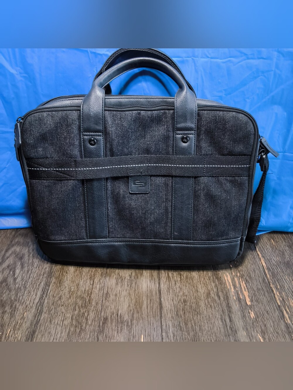 Solo New York Laptop Briefcase Messenger Bag Black Denim Faux Leather Business - Picture 2 of 9